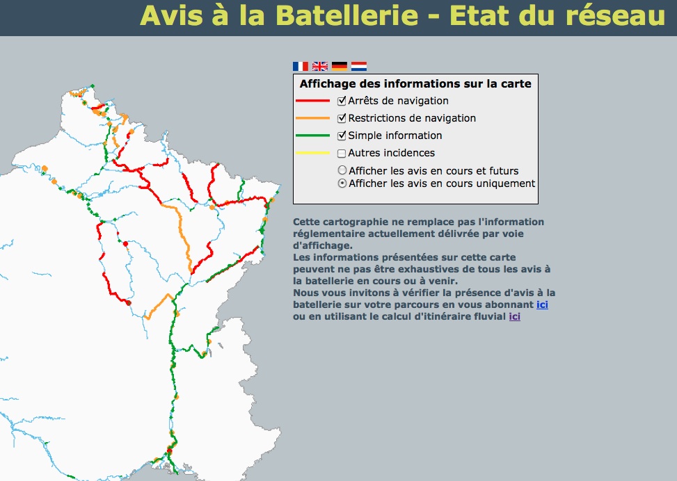 Avis à la batellerie : Réseau glacé (cartographie VNF)