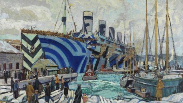 L'« Olympic » rapatriant des soldats, une peinture d'Arthur Lismer exposée au musée de la Marine. (Photo DR)