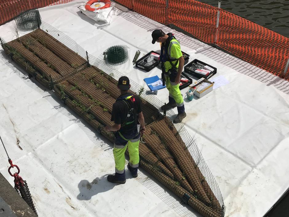 L'installation des jardins flottants en centre-ville de Rennes, destinés à revégétaliser la Vilaine, a commencé ce mardi 29 mai. (Photo Ouest-France)