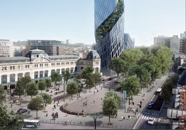 Une nouvelle image du futur parvis, avec cette fois-ci le projet de Tour d’Occitanie en arrière-plan. L’image permet de distinguer l’aménagement prévu sur le parvis historique mais aussi sur les boulevards le long du canal (©Agence BAU)